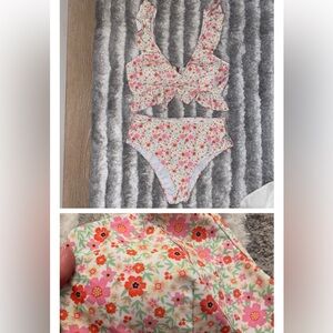 SHEIN White and Red Floral One-Piece Swimsuit